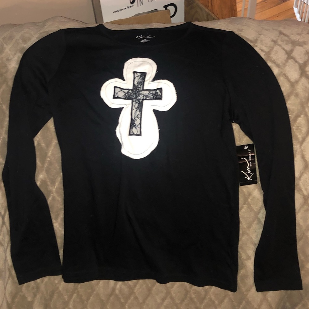 Black long sleeve w/appliqué cross. NWT